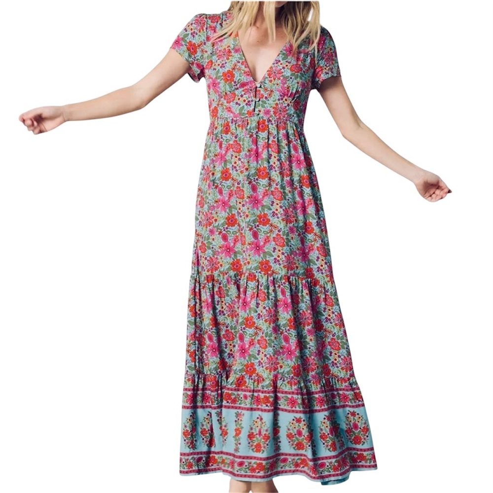 NWT NATURAL LIFE Evangeline Maxi Dress Boho Floral Turquoise Tiered Size XLG